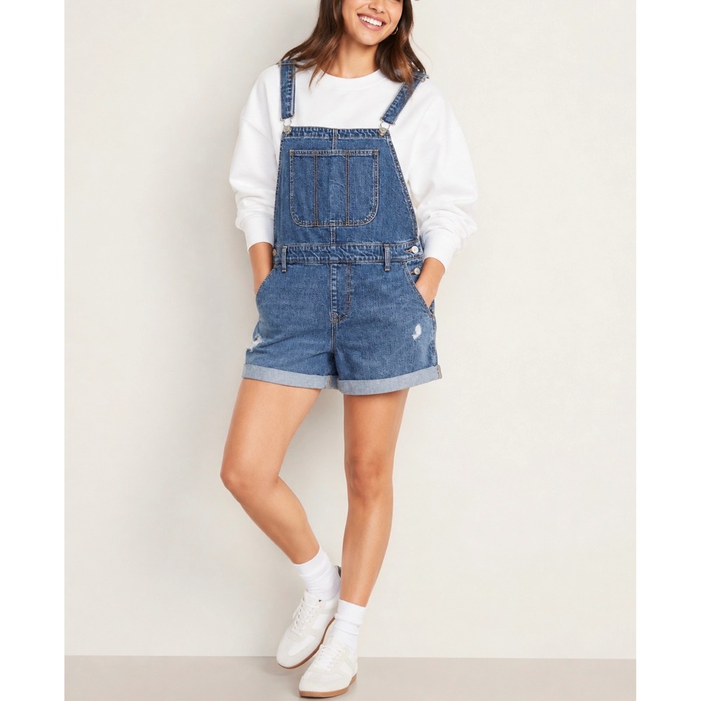 Old Navy Sz M Baggy Denim Distressed Overalls Streetwear Americana relaxed 90s